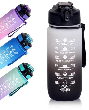 BierEx - Gourde pour enfants - 600 ml - Bouteille en tritan sans BPA avec paille - Bouteille d’eau de sport avec marqueur de temps pour le fitness, l’école, le yoga, l’extérieur (Blanc Noir)