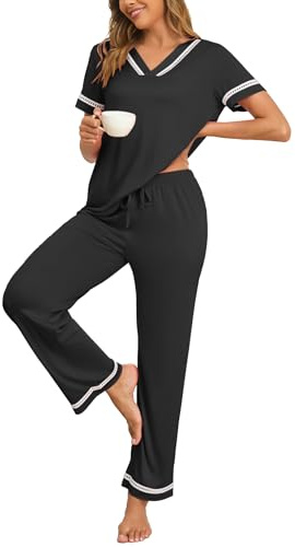 Famulily Women 2 Piece Pyjamas Set Crochet Lace Loose Fit Tops & Adjustable Drawstring Pants with Pockets Black XL