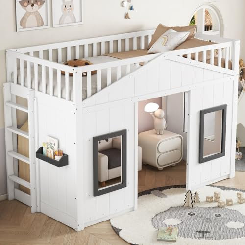 Zubaliya Etagenbett für Kinder, 90 x 200 cm, Hüttenbett für Kinder mit Treppe, mit Fallschutz und Barrieren, Kinderbett mit Fenster, Lattenrost, Rahmen aus Kiefer, Kiefer + MDF, Weiß