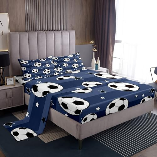 Loussiesd Set di biancheria da letto per bambini, ragazzi e ragazze, motivo calcio, con stampa geometrica e stelle, set di lenzuola a tema sportivo, 2 pezzi, per letto singolo, 1 lenzuolo con angoli+1