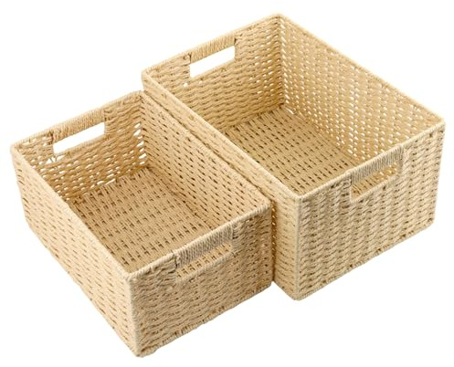 NAMYEUT 2er Set Rattan Aufbewahrungskorb geflochten, stapelbar Rattankorb aus Papier, Geflochtener Korb Rechteckig für Badezimmer & Schlafzimmer Aufbewahrung, 35 x 25 x 18 cm und 31 x 21x 15 cm﻿