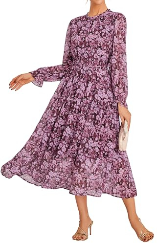 GRACE KARIN Abito Donna in Chiffon con Maniche Lunghe Vita Elastico Gonna a Balze Linea A Elegante per Feste | Abito da sposa elegante con scollo rotondo, per feste, cocktail, sera