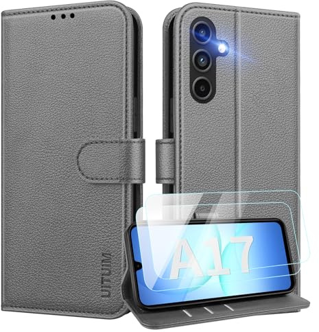 UITUIM Cover per Samsung Galaxy A17 5G/4G Custodia con 2 Vetro Temperato Pellicola a Libro Portafoglio Libretto in Pelle Porta Carte Protettiva Flip Case,Grigio