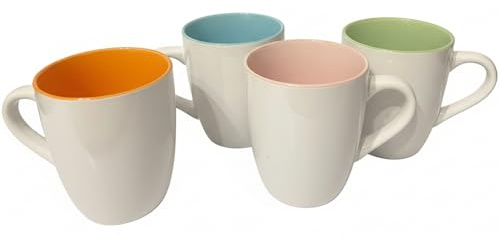 Fiore Design Set 4 Tazze in Porcellana con Interni Colorati 350 ml – Eleganti e Resistenti per Colazione, Caffè e Tè (Bianco)