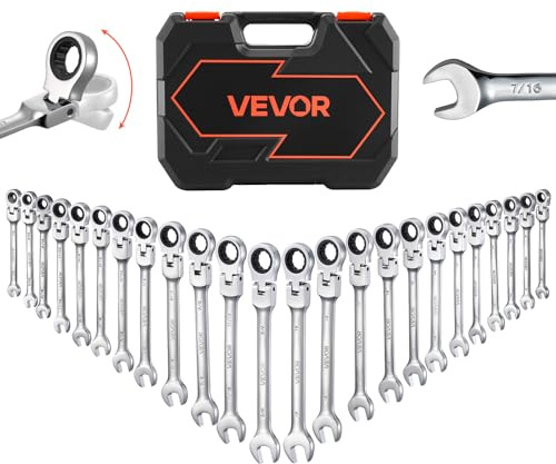 VEVOR 24-delad spärrnyckelsats med 180° flexhuvud, halkfri tand, kombinationsnyckelset med organiseringslåda, metrisk 8-19 mm och SAE 1/4-7/8 tum, polerad