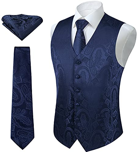 Enlision Västar för män, bröllopsväst med paisleymönster och blommigt jacquardtyg, set med fyrkantig väst med slips och ficka, formell kostym, S–6XL