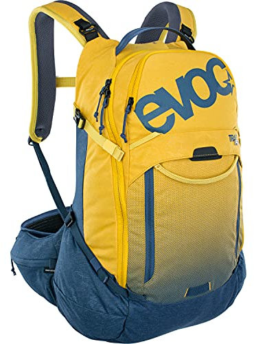 EVOC TRAIL PRO 26l Protektor Rucksack für Fahrradtouren, Backpack (LITESHIELD PLUS Rückenprotektor, leichter Fahrradrucksack, breite Hüftflossen, 3l Trinkblasenfach, Größe: S/M), Curry/Denim