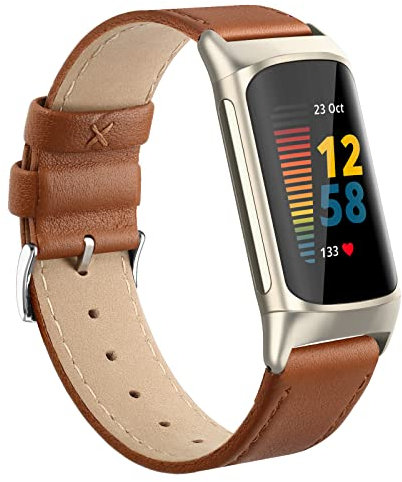 Tuocal Echtleder Armband Kompatibel mit Fitbit Charge 6 Armband für Damen Herren, Weiches Atmungsaktives Echtleder Ersatzarmband Sport Armband für Fitbit Charge 5 Armband Leder