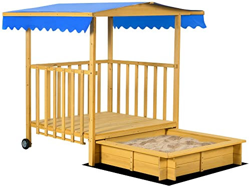 Outsunny Arenero para Niños Veranda de Madera con Techo y Ruedas Cajón de Arena Juego para Niños de 3-8 Años para Jardín Patio 133x129x137,5 cm Natural