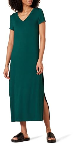 Amazon Essentials Vestido Midi de Punto de Manga Corta con Escote en Pico Mujer, Verde Oscuro, XL