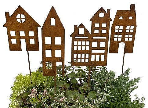LB H&F Lilienburg 4er Set Häuser Gartenstecker rost Deko Gartendeko Rosthaus edelrost deko Frühling Sommer Dekoration Haus Metall 60 cm