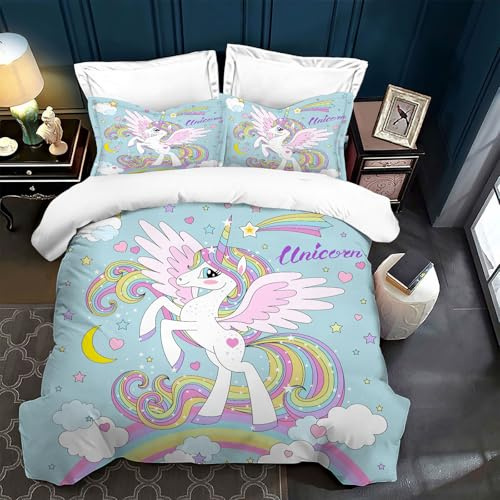 TSOPEFI Juego de Ropa de Cama para niña con Unicornio Rosa,Juego de Funda nórdica Infantil con Estampado de Unicornio de Dibujos Animados,con arcoíris,Nubes y Caballos (135 x 200 cm, C)