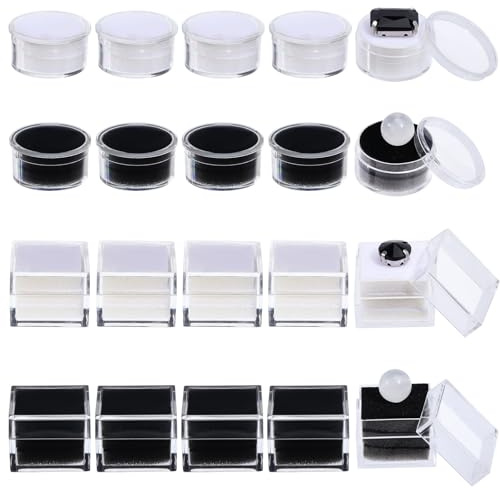 CHGCRAFT 20PCS Gemstone Display Box Round and Square Diamond Gemstone Display Cases Transparent Acrylic Jewelry Show Box with Clear Top Lids and Sponge for Bare Stone Naked Diamond White and Black