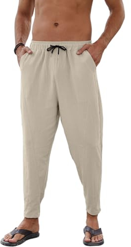 Yutdeng Pantaloni di Lino e Cotone Estivi per Uomo - Harem Leggeri Casual Comodi Baggy Elastici in Vita Con Quattro Tasche - Yoga Hippies Spiaggia, Cachi, L