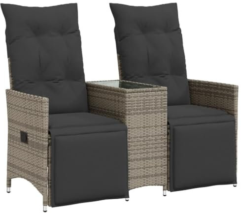 vidaXL Gartensofa, Sofa 2-Sitzer mit Tisch Verstellbare Rückenlehne Fußstütze, Lounge Sitzgruppe für Garten Terrasse, Gartenmöbel, Grau Poly Rattan