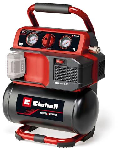 Einhell Compresseur sans fil TE-AC 18/75 Li OF-Solo Power X-Change (18 V, 8 bar max., cuve de 5 l, capacité de pompage de 75 l/min, 2 manomètres, sans lubrification, sans batterie)