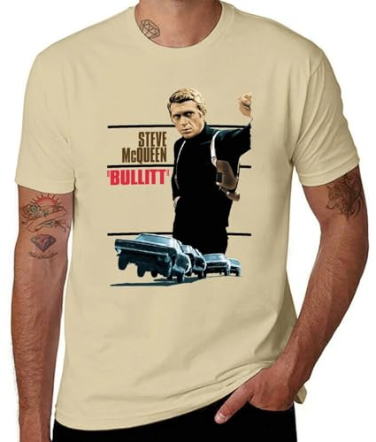 Ste*ve T-shirt Mc*Queen en coton doux Bu*ll*it T-shirt décontracté à manches courtes pour hommes, adolescents, garçons, T-shirts à col rond pour fans, Style couleur sable, XL