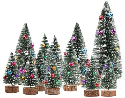 TaoQ C 12 Pezzo Mini Alberi di Natale Piccoli Alberi di Sisal Artificiali Mini Alberi di Natale con Base di Legno e Piccola Campana per Home Table Decor Inverno Festa di Natale Decor