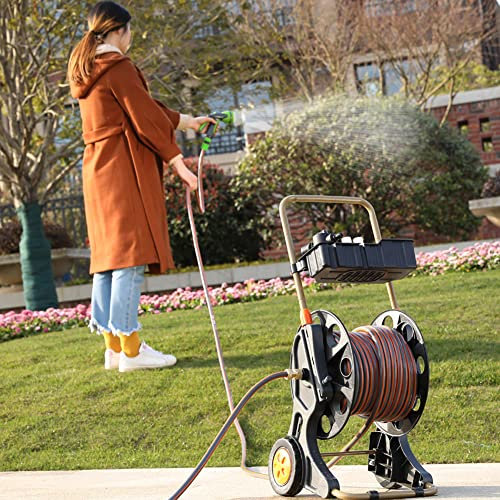 Carro de carrete de manguera con ruedas, carrete de manguera portátil de alta resistencia y soporte para manguera de jardín, con diseño de caja de almacenamiento, para jardines, césped y exteriores,