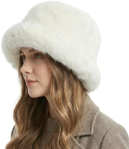 Michear Cappello da pescatore invernale da donna, oversize, pelliccia sintetica a pelo lungo, tesa larga modellabile, caldo ed elegante, bianco, Taglia unica