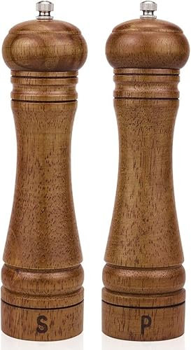 KoliynWooden Salt and Pepper Grinder Set Pepper Mill Sea Salt Shakers Adjustable Ceramic Rotor 8 Inch Oak Ceramic Grinding Mechanism 2 Pcs