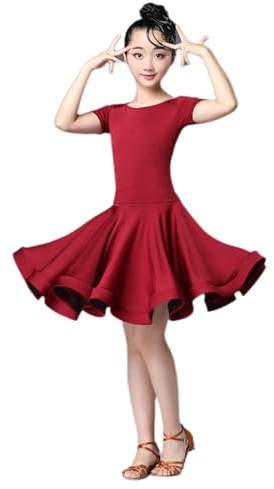 Vestito da Ballo Latino A Maniche Corte per Ragazze, Body con Elastico in Vita e Gonna A Balze, Samba, Tango, Un Pezzo, per Bambini, Abbigliamento da Ballo, Costume da Ballo da Sala (170 cm)