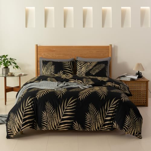 YASMENG Sängkläder 220 x 240 guld svarta blad sängkläder guldblad motiv modernt sängklädesset mjuka mikrofiberblad guld sängkläder 3 delar med dragkedja och 2 örngott 80 x 80 cm