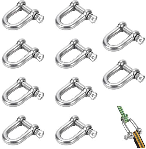 Grillete en forma de D, 10 unidades de acero inoxidable 304 D anillo, bloqueo recto, para aparejo, cuerda de acero, cadenas de cordón, plata, M6 grande