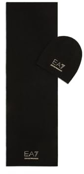 EA7 Emporio Armani Set Berretto, Sciarpa e Mini Borsa Shopper, Nero con Logo Dorato