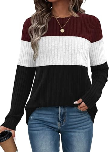 Cuptacc Jersey Mujer Casual Cuello Redondo Manga Larga Sudaderas Termica Bloques De Color Jersey Acanalado Holgada Punto Suéter Burdeos Blanco Negro L