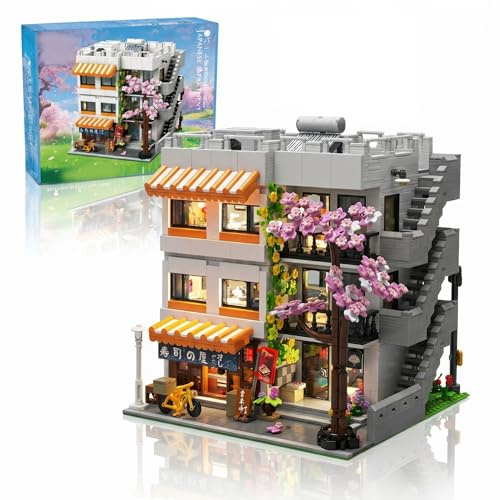 Mocbuiie Klemmbausteine Japan Haus mit Licht & 5 Figuren - 3911 Teile Japanische Apartment & Sushi Haus Modular Building, Architektur Bausteine Set mit Kirschblüten für Erwachsene Youmko YM003