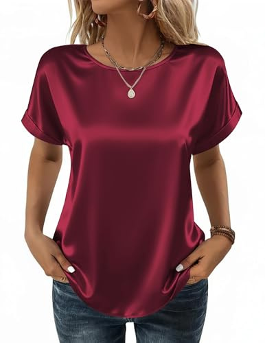 Women Blouses Satin Solid Casual Shirts Short Sleeve Silk Elegant Blouse
