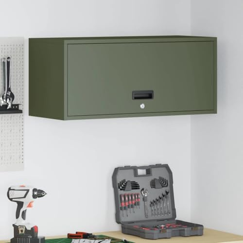 Augerlite Armoire murale de garage avec porte à vérin à gaz - Vert olive - Acier revêtu par pulvérisation - 33 x 80 x 35 cm - Verrouillable - Montage mural - Armoire polyvalente pour outils, ménage et