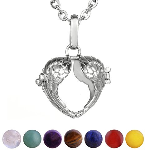 Morella Collier Femme 70 cm en Acier Inoxydable avec Pendentif cœur ails d'ange et 7 Pierres précieuses minéraux Chakra sphères Boules dans Une Pochette en Velours