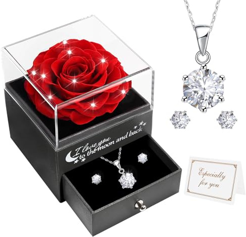 Miofula Regalos Originales para Mujer, Rosa Eterna Natural Preservada con Collar Pendientes Rosa Regalo Cumpleaños Mujer, Flor Eterna Regalo Aniversario Pareja, Flores Preservadas Regalo Novia Navidad