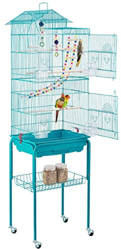 Yaheetech Roof Top Bird Cage Metal Parrot Cage with Rolling Stand for Budgies Cockatiels Parakeets Canary Extra Large Pet Home Teal Blue