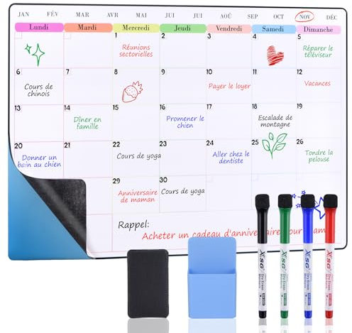 POPRUN 60x40 cm Calendrier Adhesif Tableau blanc Planning Mural, Planificateur Mensuel/Semainer effaçable parfait pour Planification des Tâches, Organiseur Hebdomadaire Repas familial - en Français