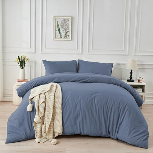 Luowei Einfarbig Bettwäsche 155x220 cm Baumwolle Blau 100% Gewaschene Baumwolle Bettbezug Bequem Atmungsaktiv Bettwäsche Set mit Reißverschluss und 2 Kissenbezug 80x80 cm