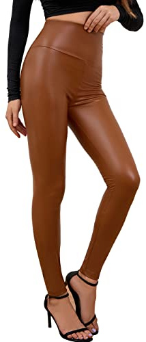 Everbellus Donna Ecopelle a Vita Alta Leggings Sexy Ecopelle Pantaloni Marrone X-Large