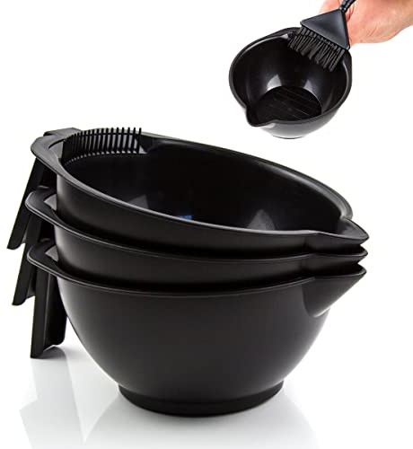 Hair Dye Bowl Set - 3 Black Hair Color Mixing Bowls with Measurements, Pour Spout, Handle & Combed Edge - Reusable Salon Hair Coloring Bowls for Professional or Home Use