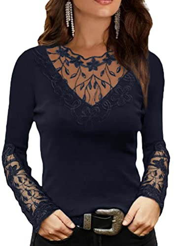 Onsoyours Chemisier Sexy Femme Tunique Haut Manches Longues Évidé Top Automne Blouse Dentelle Chemisier Col V T-Shirt Chic Bleu Foncé 01 L