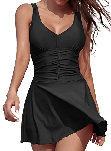 SHEKINI Women's V Neck One Piece Swimsuit with Skirt Black