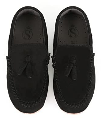 Pojkar fuskmocka Slip On Loafer bröllop klassisk smart casual mockasin platta skor, Svart, 34.5 EU