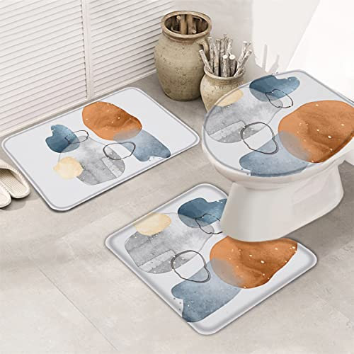 Set 3Tlg Badematten Minimalistische Kunst des Mittleren Jahrhunderts, Orange-Blau-Grau-Malerei-Textur Dekorative Kontur Badteppich Langlebige Wc-Deckelbezug Badteppich