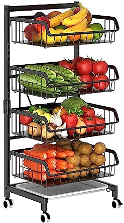 Todeco Panier de Fruits et Légumes avec Roues, Chariot de Rangement 4 Niveaux pour Cuisine, Salon, Salle de Bain – Solide, Mobile et Polyvalent
