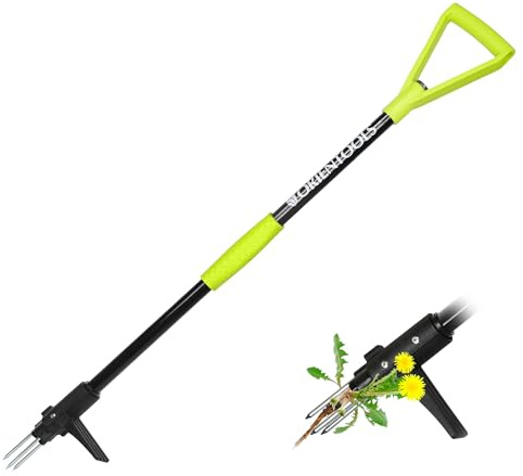 ORIENTOOLS Extractor de malezas de pie, herramienta de mano con 3 garras para diente de león, herramienta de extracción de raíces de malezas de acero, mango largo de 38 pulgadas, herramienta de jardín