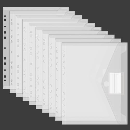 Lot de 10 porte-documents A4 étanches - 11 bords perforés - Avec poche pour étiquette - Pour organiser des documents, des fournitures de bureau, des devoirs