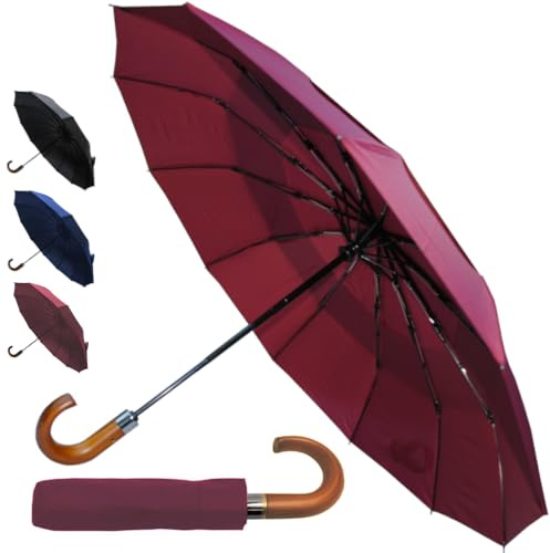 COLLAR AND CUFFS LONDON 80KPH 12 BACCHETTE Ombrello Pieghevole Antivento Robusto Donna Uomo - Automatico Apri e Chiudi - Fibra di Vetro - Ventilato Doppio Calotta - Manico In Legno - Rosso Bordeaux