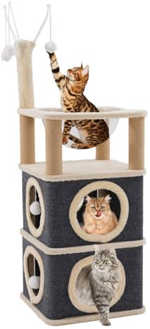 Katzenhaus, Katzenbetten für Hauskatzen, große Katzenhöhle, Katzenwürfel, 2-stöckig, mit 4 Kratzbäumen, Stabiler Katzenbaum, Kletterturm mit Raumkapselbett und flauschigem Ball