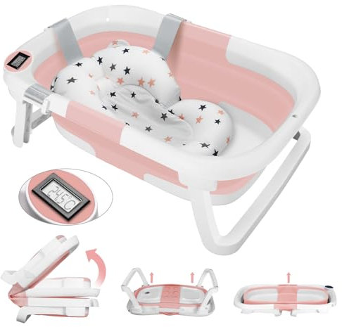 Bañera Bebe con Termómetro, Bañera Plegable Bebé con Almohadilla de Baño Antideslizante e Tapón de Ducha, Ergonómico, Ahorra Espacio, para Bebés de 0 a 36 Meses (Rosa)